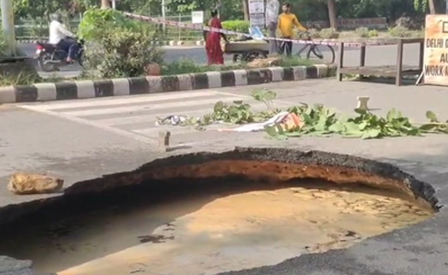 Road caves in near National Law University in Delhi's Dwarka